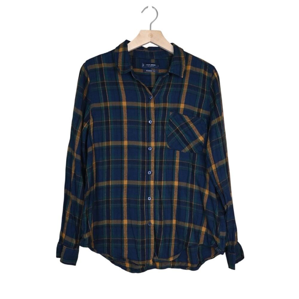 Lucky Brand Women's L Classic Fit Blue Green Plaid Button Down